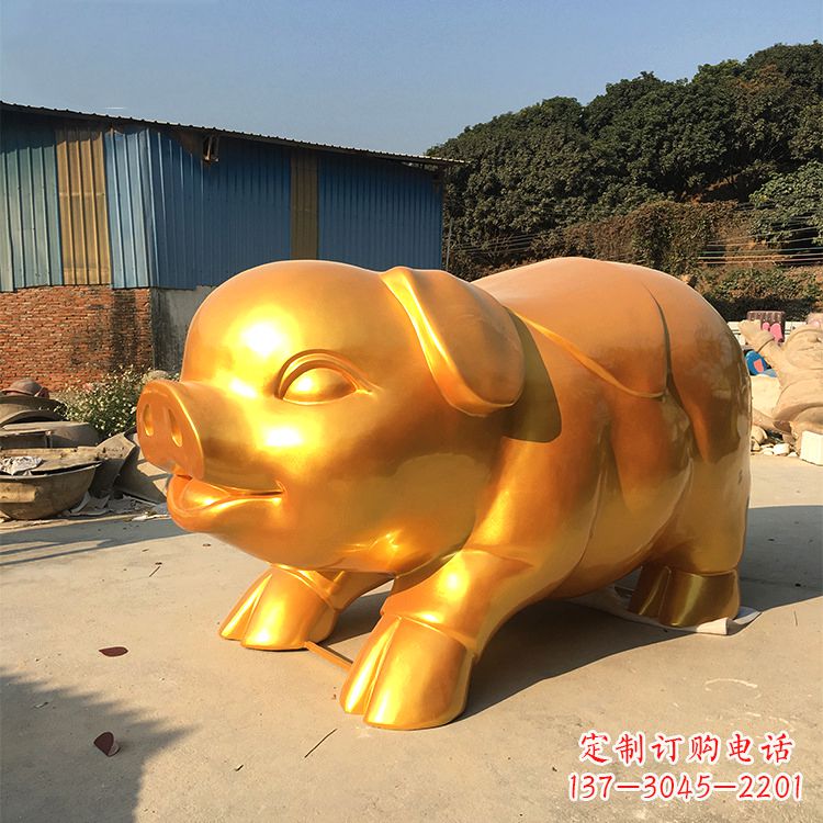 唐山玻璃钢大型漆金猪仔雕塑-大型商场美陈动物雕塑