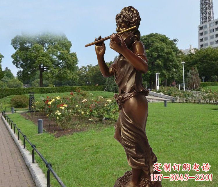 唐山吹笛子的美女城市花园景观玻璃钢仿铜雕塑