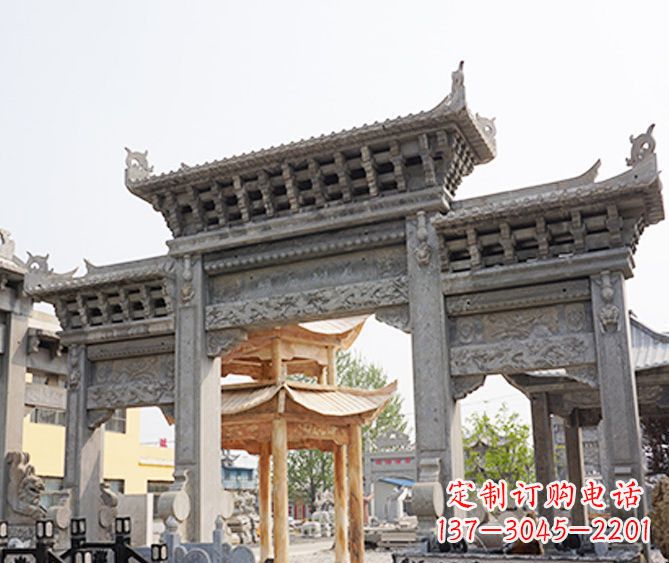 唐山村庄大理石三门牌坊石雕