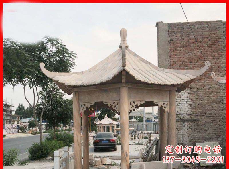 唐山公园晚霞红六角石凉亭雕塑