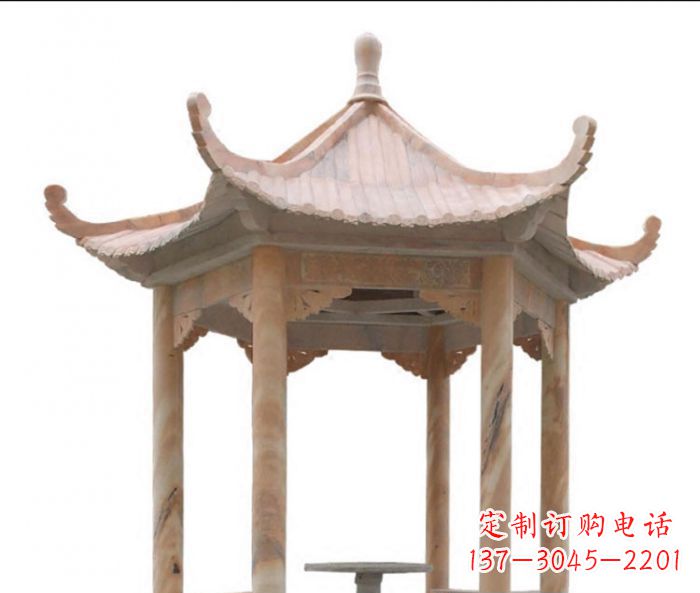唐山美丽而优雅的公园晚霞红六角石凉亭雕塑