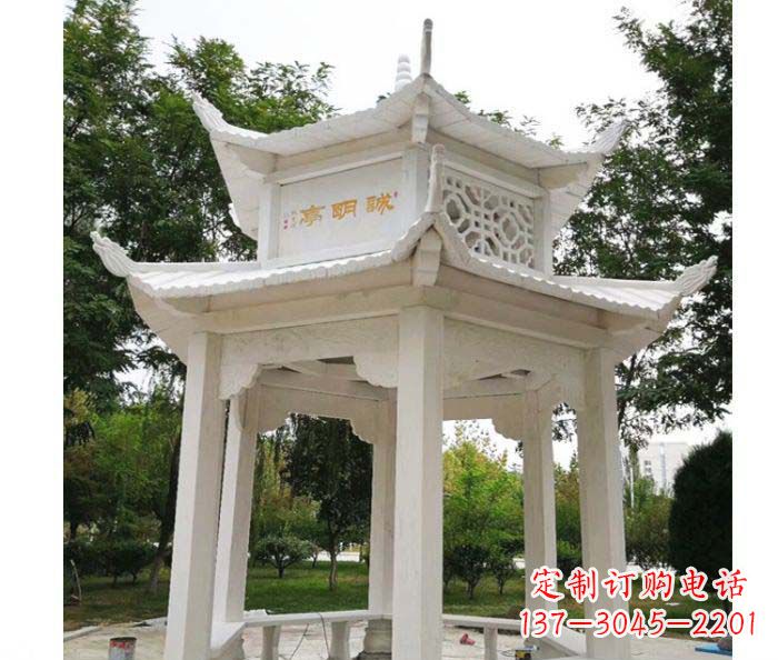 唐山高雅典雅的汉白玉双层六角凉亭石雕