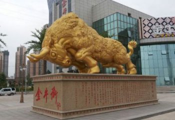 唐山鎏金开荒牛铜雕像，城市街道景观动物雕塑