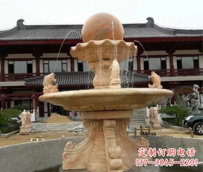 唐山双层风水球喷泉晚霞红石雕