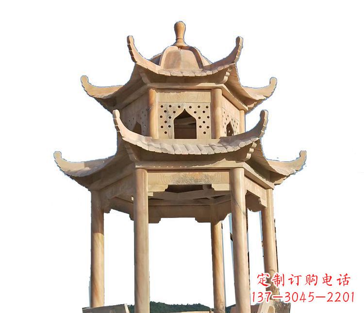 唐山双层晚霞红凉亭石雕 (2)