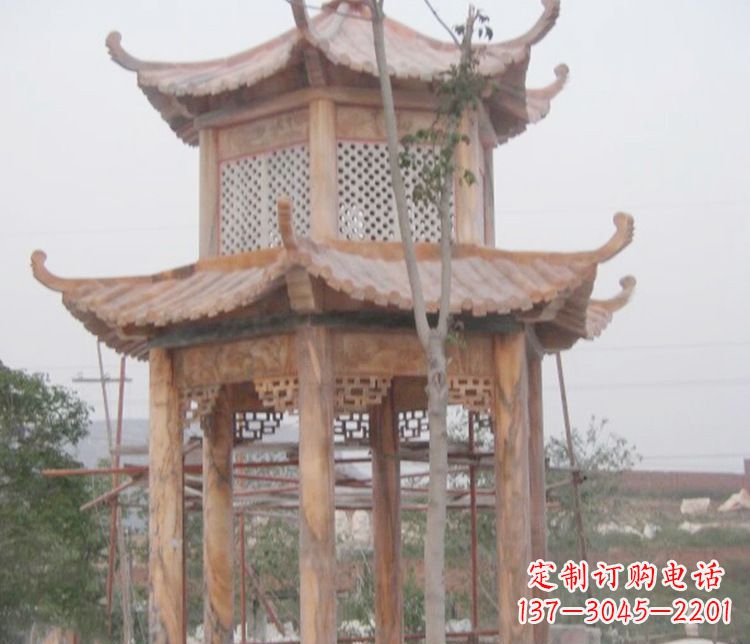 唐山双层晚霞红石凉亭石雕 (2)