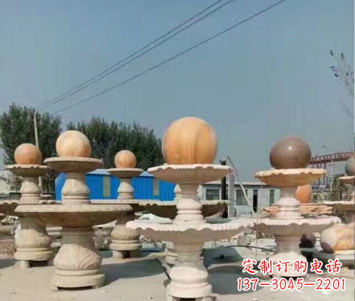 唐山晚霞红多层风水球喷泉石雕