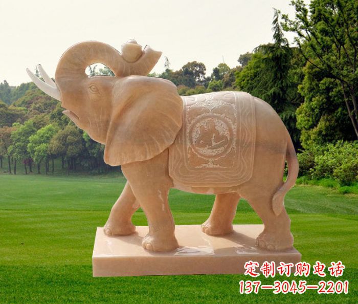 唐山晚霞红吉祥如意鼻卷元宝的大象石雕