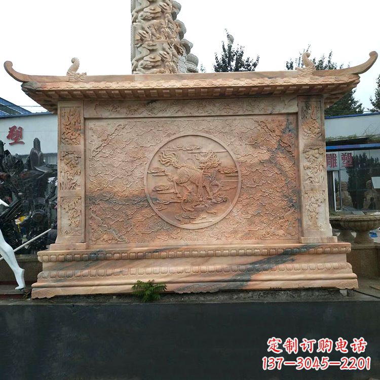 唐山晚霞红麒麟影壁墙石雕